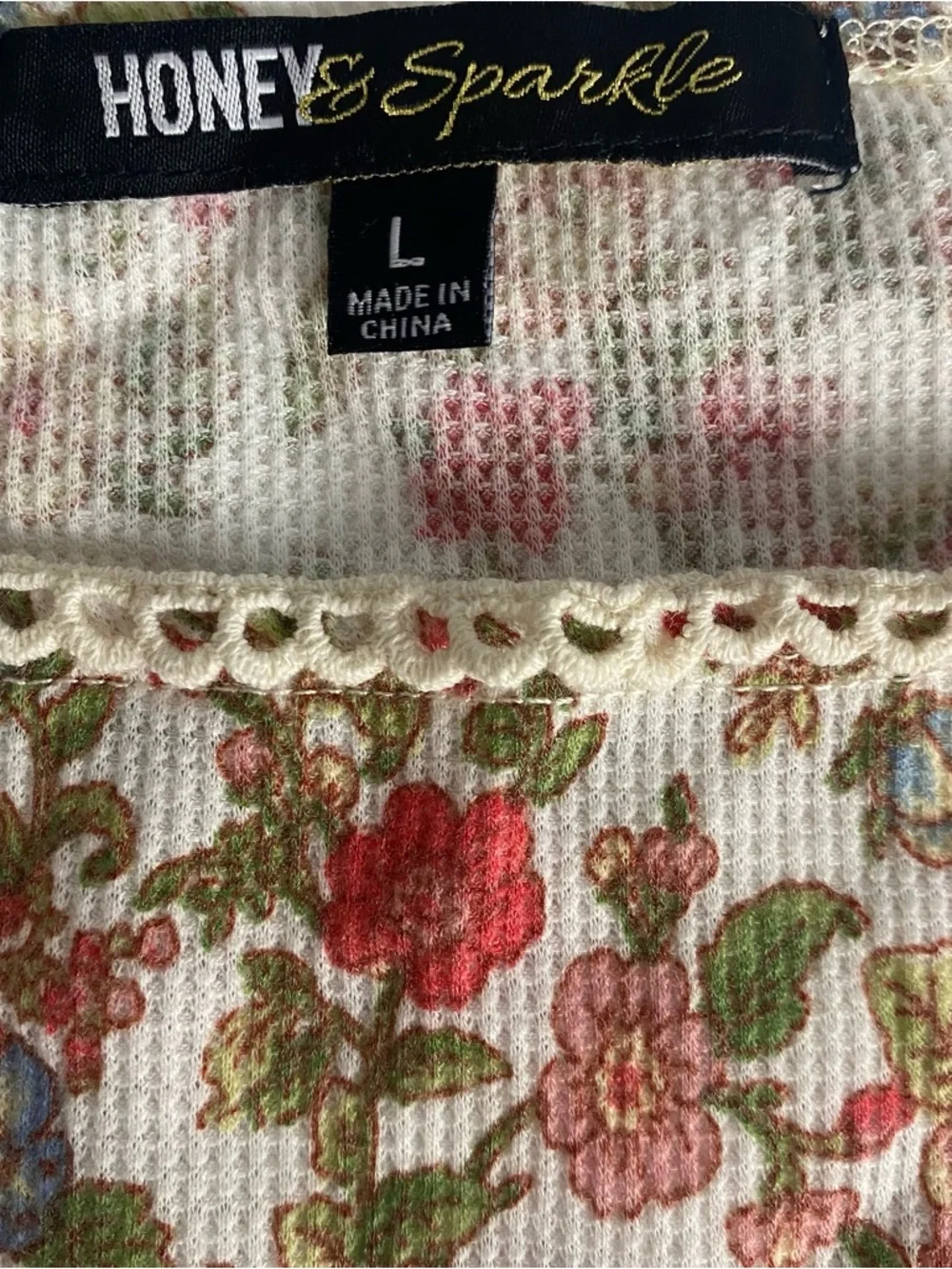 Honey & Sparkle Floral Crop Top Women Large Waffle Knit Cottagecore Feminine - Picture 9 of 14